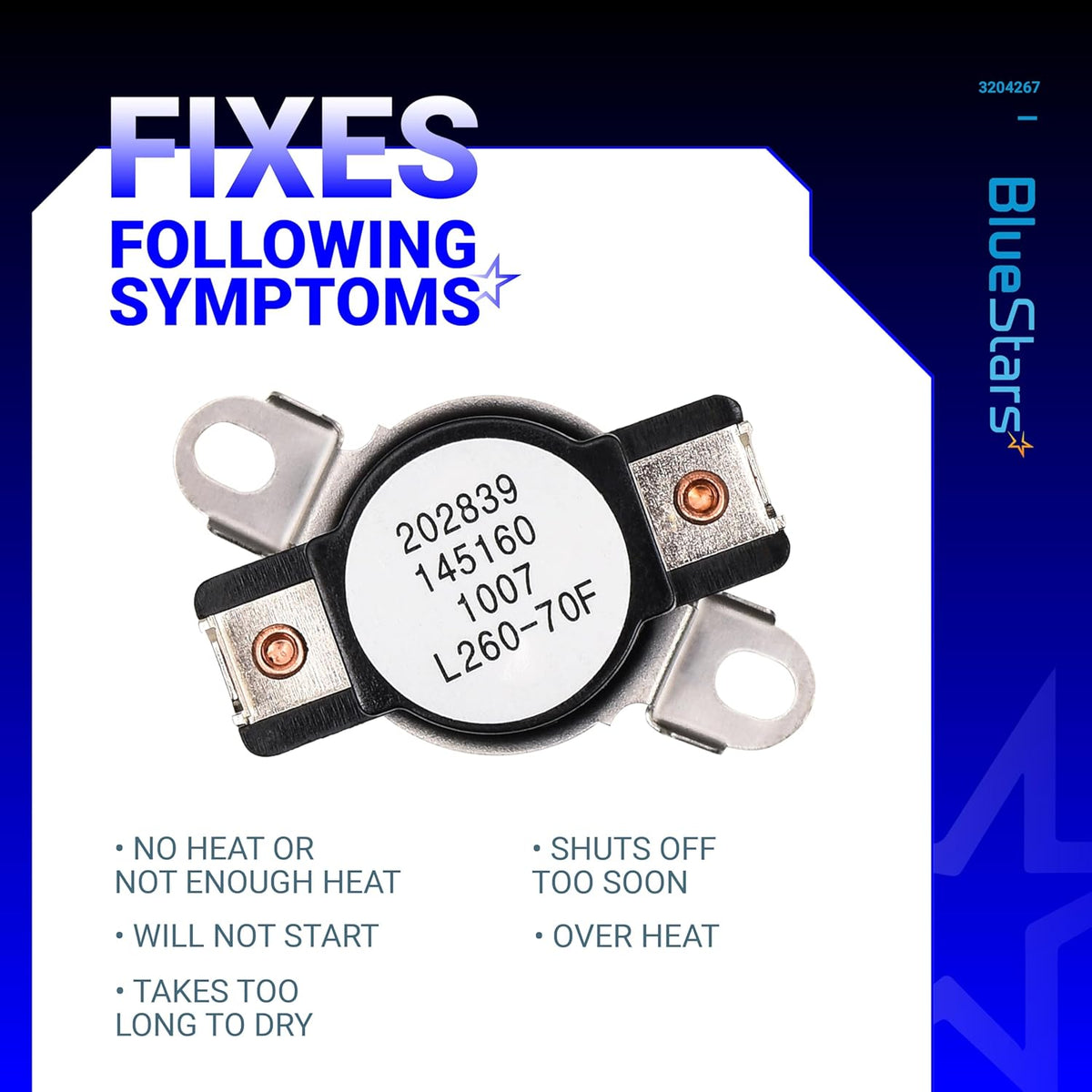 3204267 dryer safety thermostat replacement part showing common dryer repair symptoms and technical specifications.