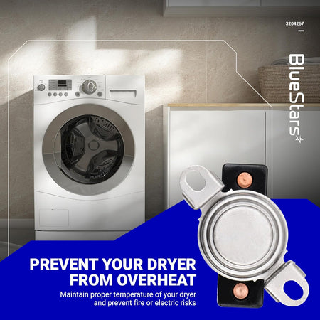 3204267 dryer safety thermostat replacement part shown against a laundry room background.