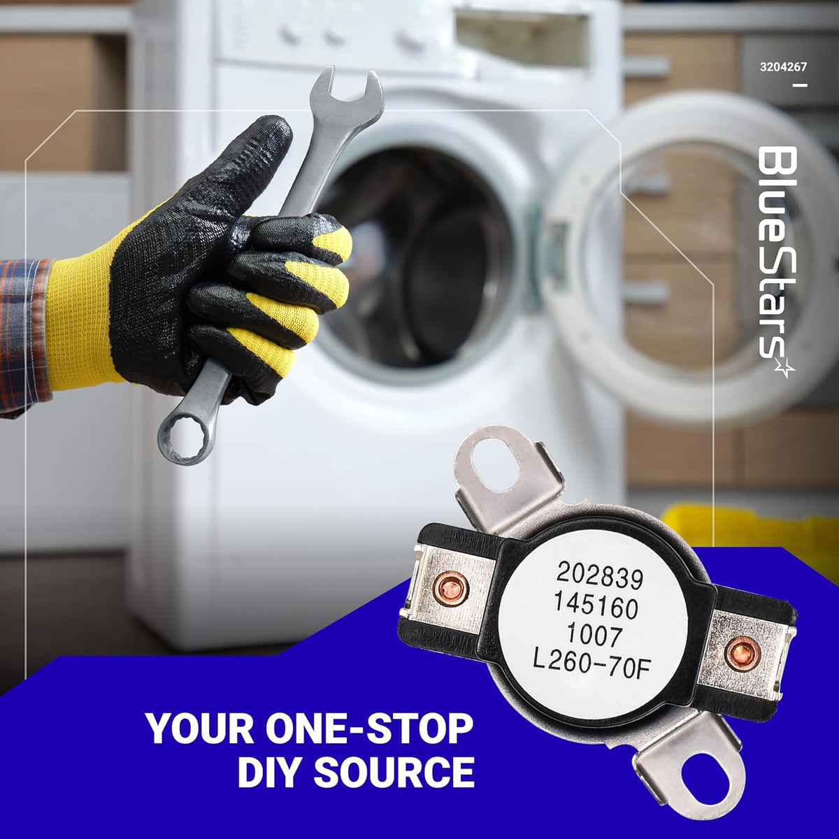 3204267 dryer safety thermostat replacement part shown against a background of a hand holding a wrench and a dryer.