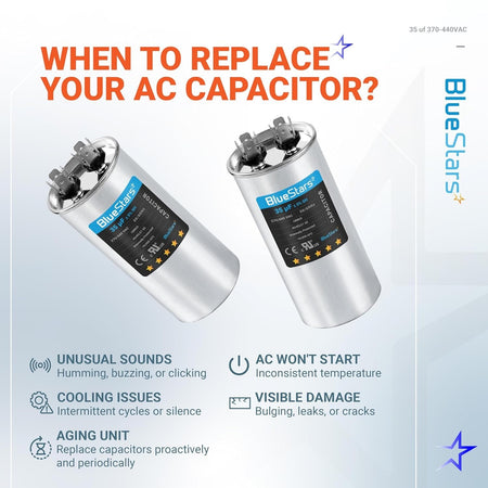 Infographic showing two 35 uF 370/440 VAC round motor run capacitors and signs indicating when to replace an AC unit.