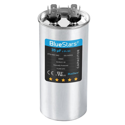 35 uF 370/440 VAC round motor run capacitor with BlueStars label and dual terminal connectors.
