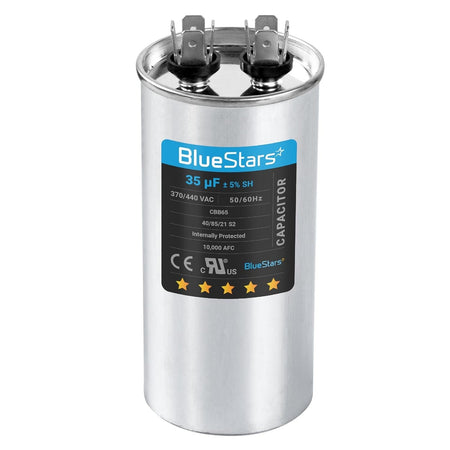 35 uF 370/440 VAC round motor run capacitor with BlueStars label and dual terminal connectors.