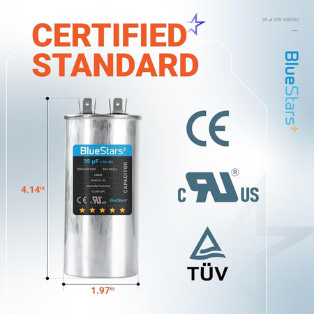 BlueStars 35 uF 370/440 VAC round motor run capacitor with dimensions and certification labels.