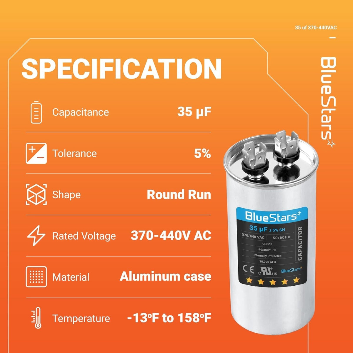 Specification chart for 35 uF 370/440 VAC round motor run capacitor with technical details.