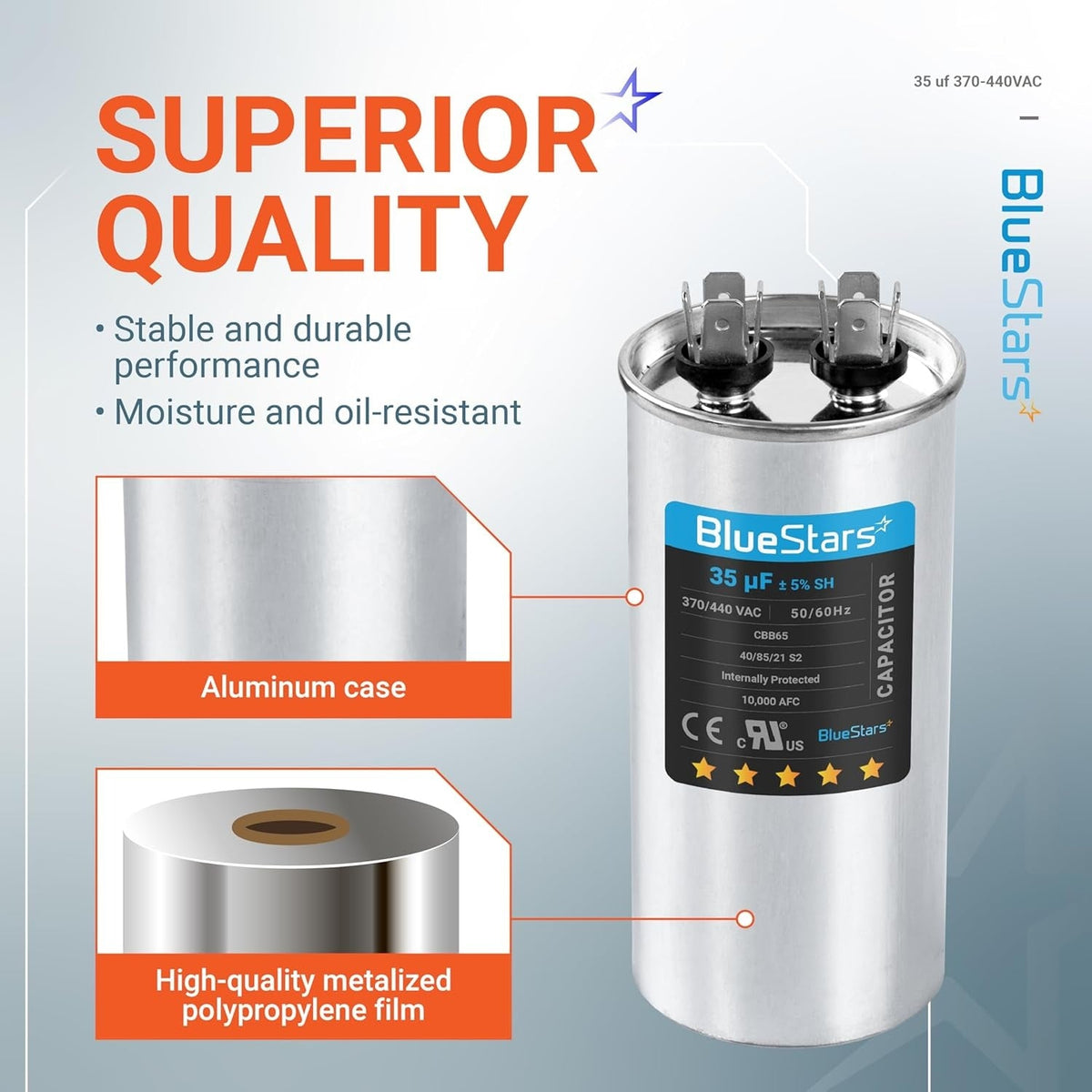 Infographic showing 35 uF 370/440 VAC round motor run capacitor with aluminum case and metalized polypropylene film details.