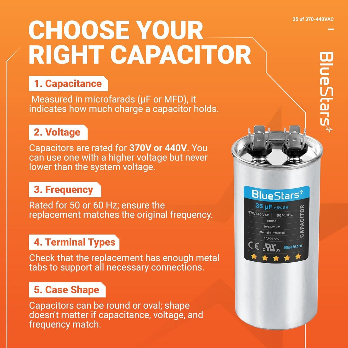 Educational infographic showing how to choose a 35 uF 370/440 VAC round motor run capacitor.