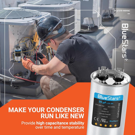 35 uF 370/440 VAC round motor run capacitor for AC condenser and fan units.