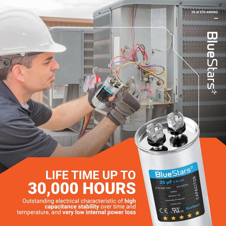 Technician installing a 35 uF 370/440 VAC round motor run capacitor into an AC condenser unit.