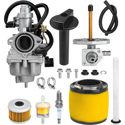 TRX250 carburetor rebuild kit with fuel petcock, air filter, oil filter, and spark plug for Honda TRX 250 Recon ATV.