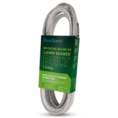 M154295 M158130 replacement deck belt for John Deere mowers, packaged in BlueStars branded sleeve.
