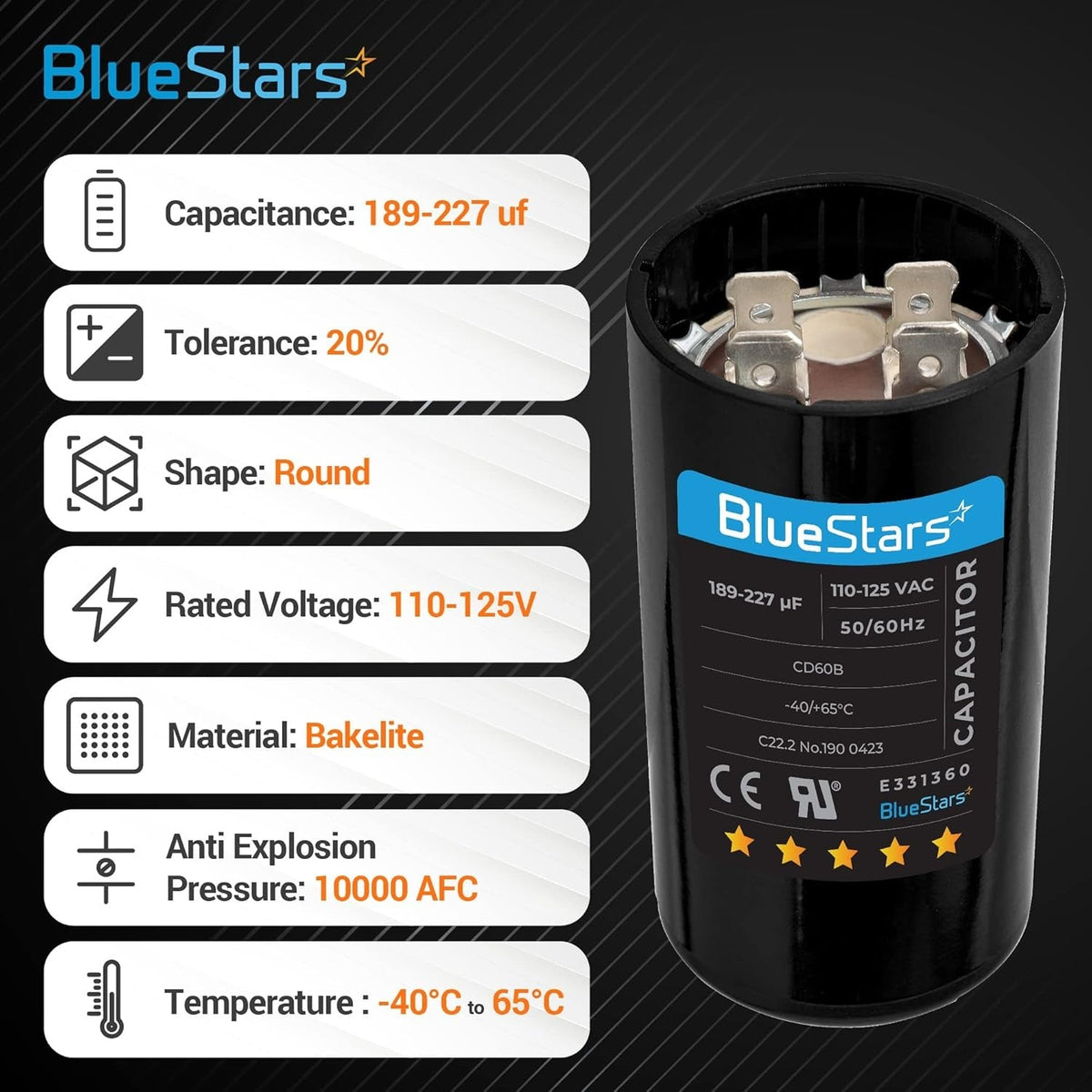 BlueStars 189-227 uF 125 VAC round start capacitor with technical specification infographic.