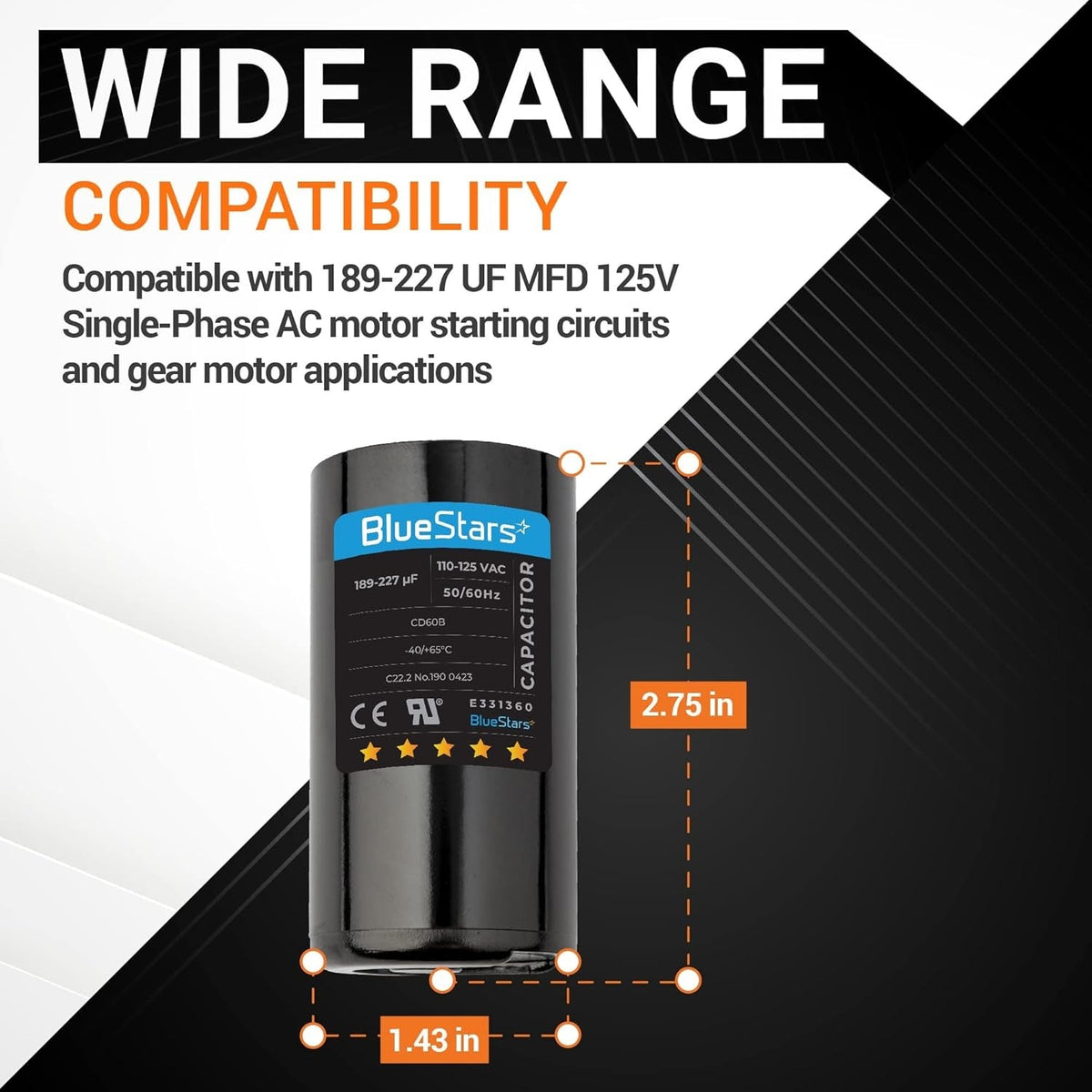 Infographic showing dimensions of 189-227 uF 125 VAC round motor start capacitor for single-phase motor applications.