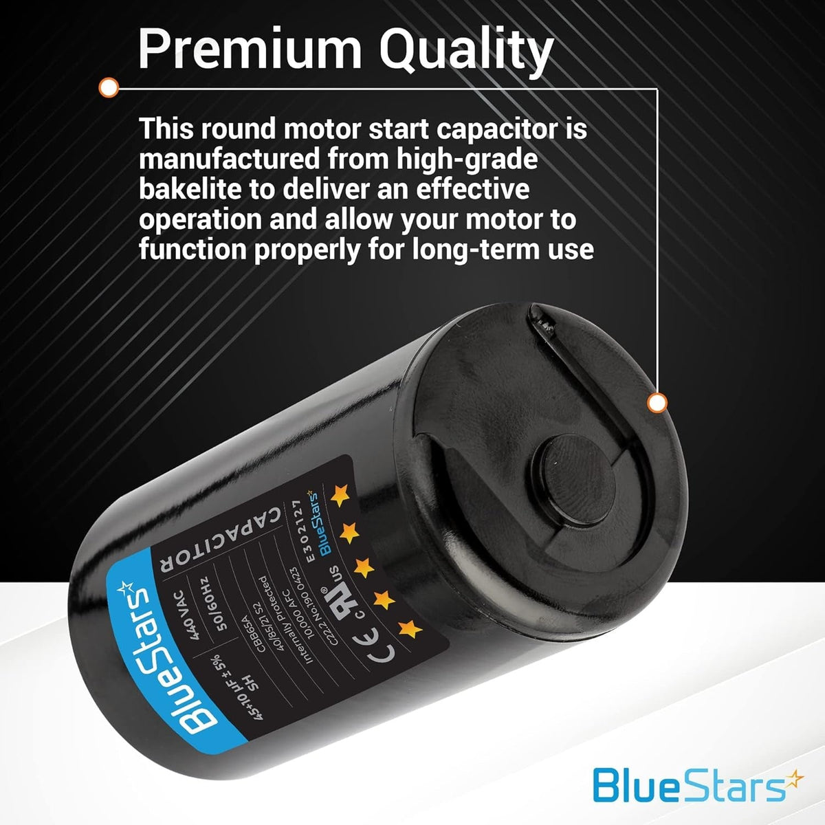 Close-up of a round motor start capacitor with technical specifications and BlueStars branding.
