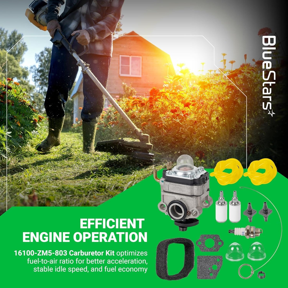 BlueStars carburetor tune-up kit for Honda GX22 GX31 engines with fuel lines, filters, spark plug, and gaskets.