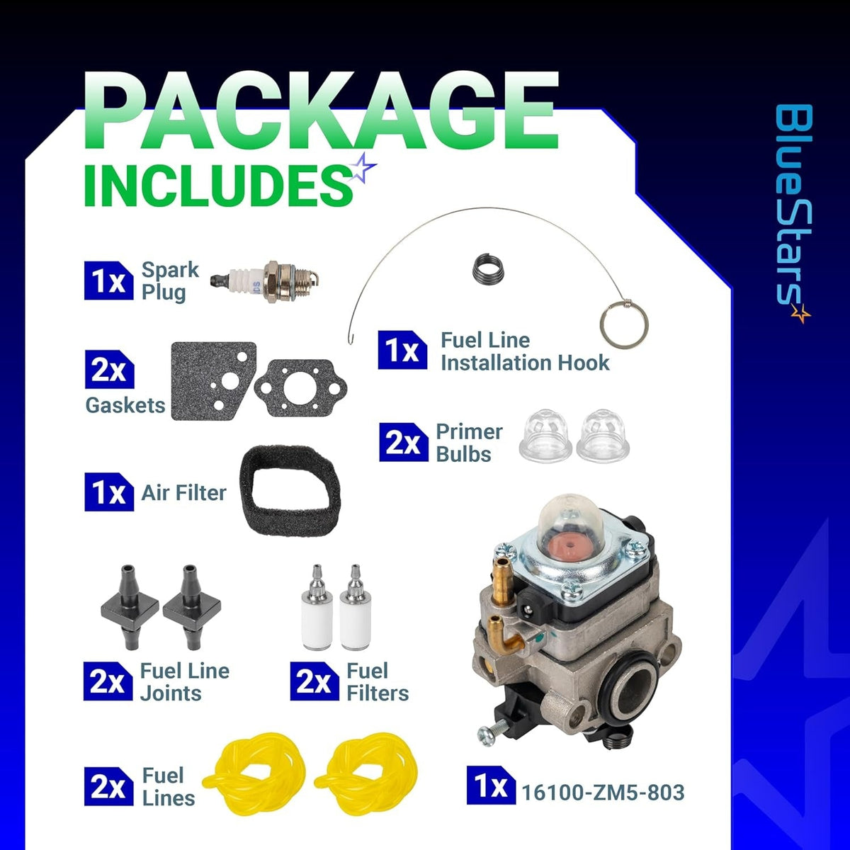 Components included in the GX22 GX31 carburetor tune-up kit, featuring carburetor, air filter, spark plug, and fuel parts.