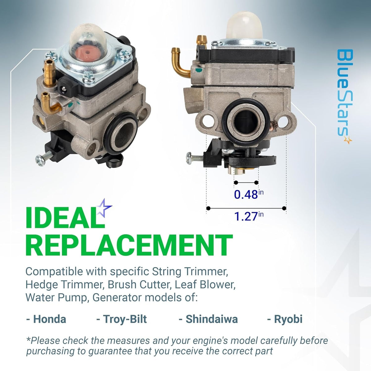 Replacement carburetor for Honda GX22 and GX31 engines showing dimensions and compatibility details.