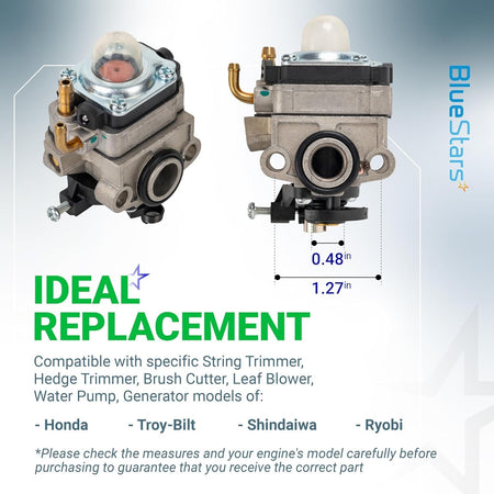 Replacement carburetor for Honda GX22 and GX31 engines showing dimensions and compatibility details.