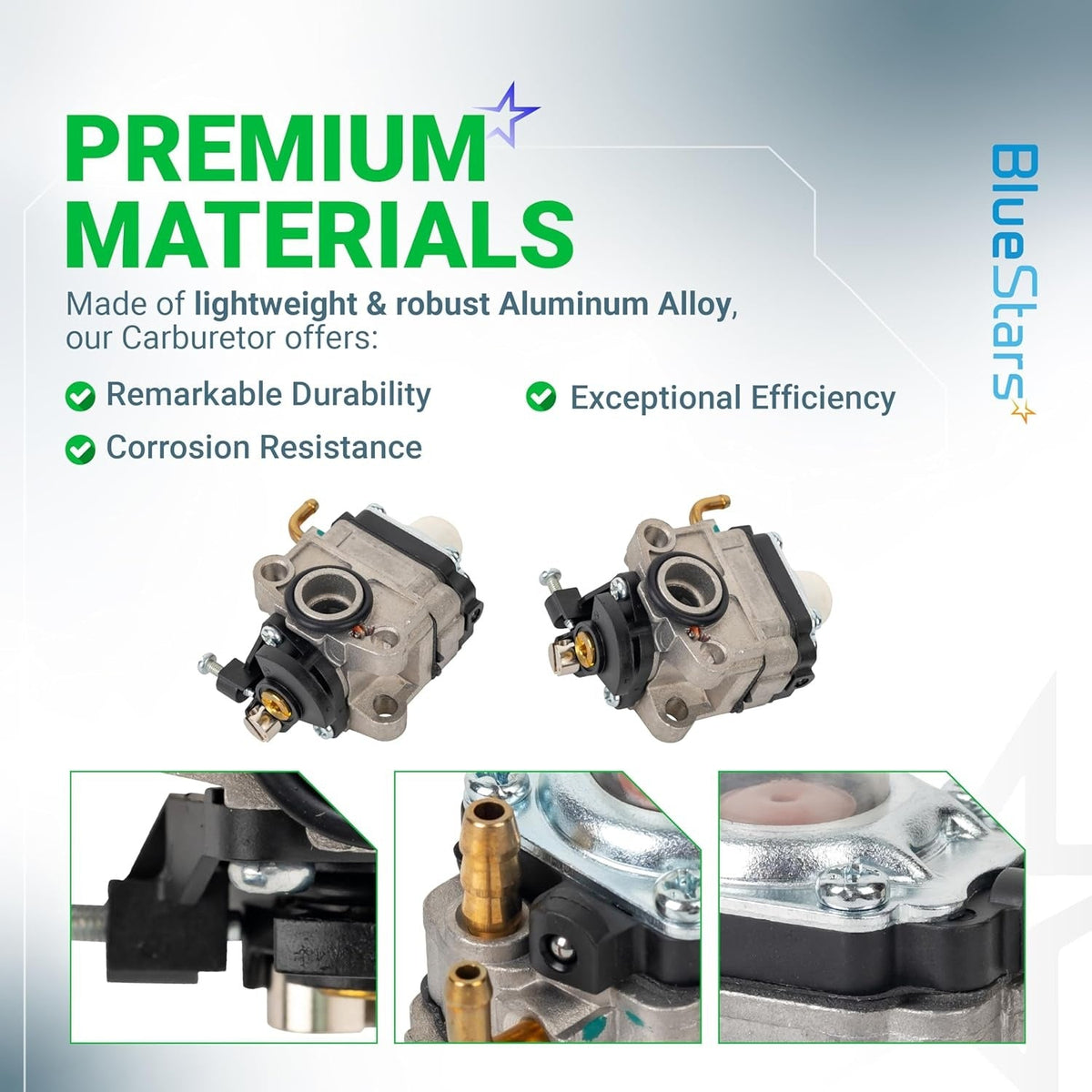 Aluminum alloy carburetor for Honda GX22 and GX31 engines, showing multiple angles and close-up component details.