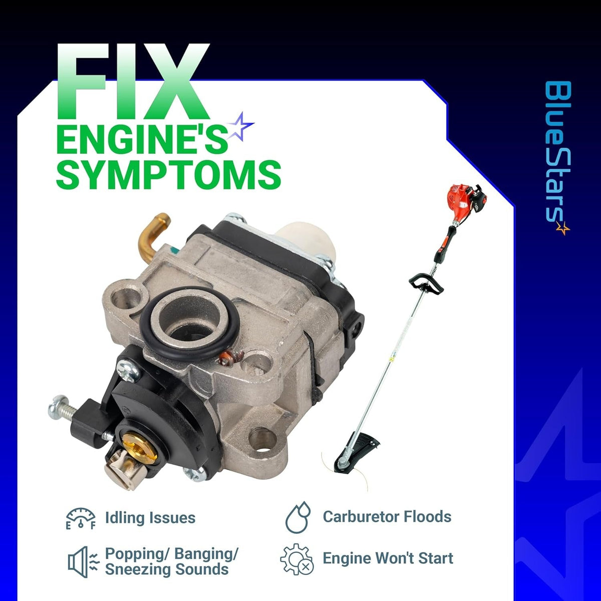 Replacement carburetor for Honda GX22 and GX31 engines, shown with symptoms of engine failure and trimmer compatibility.