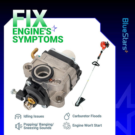 Replacement carburetor for Honda GX22 and GX31 engines, shown with symptoms of engine failure and trimmer compatibility.