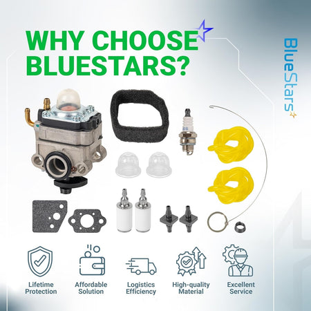Carburetor tune-up kit for Honda 4-cycle engines including carburetor, air filter, spark plug, and fuel system components.