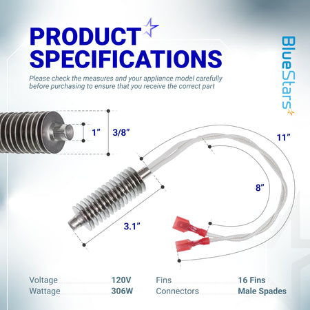 Dimensional diagram of 16-fin Incoloy 800 stainless steel igniter with 120V, 306W specifications and male spade connectors.