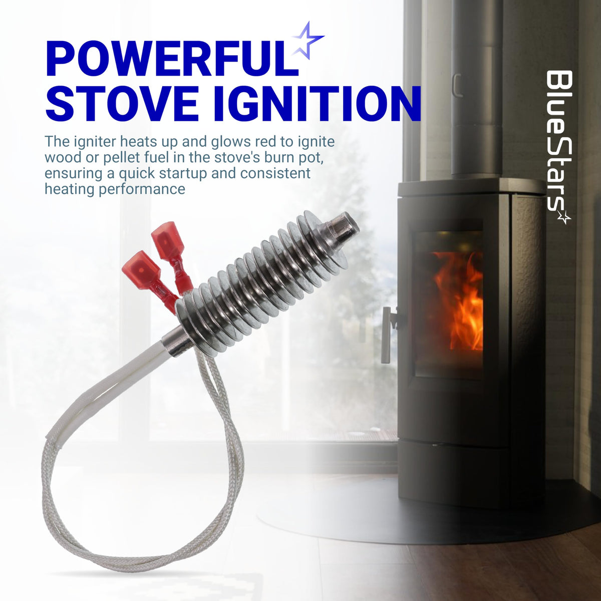 16-fin Incoloy 800 stainless steel stove igniter with red wire connectors and white braided lead.