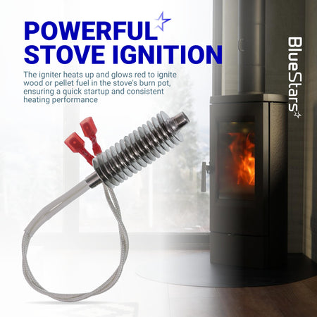 16-fin Incoloy 800 stainless steel stove igniter with red wire connectors and white braided lead.