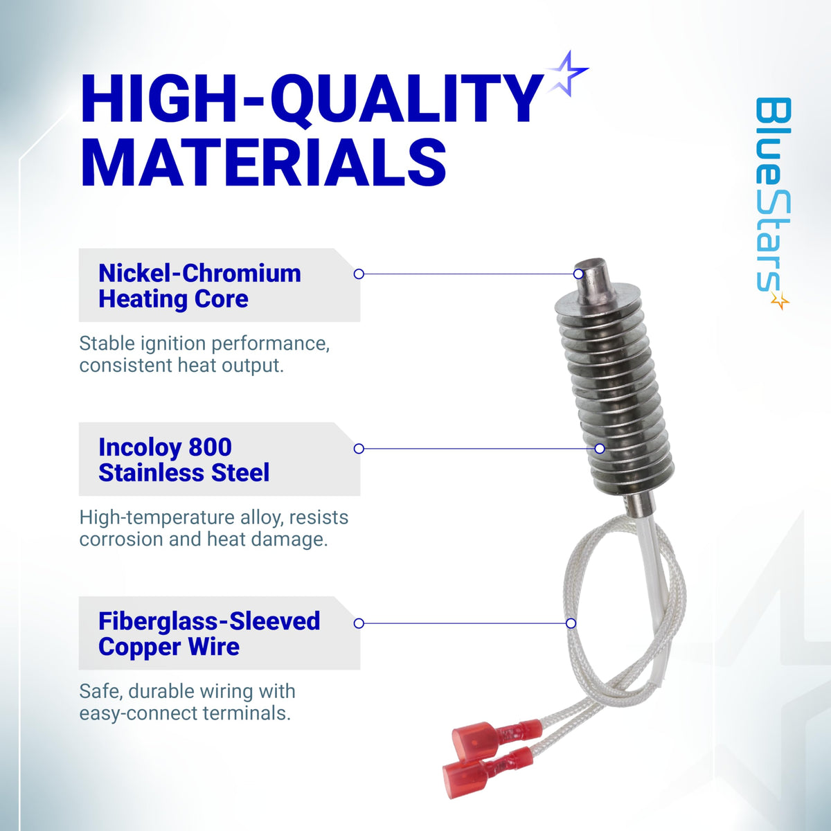 Infographic showing Incoloy 800 stainless steel igniter features with heating core and fiberglass-sleeved copper wires.