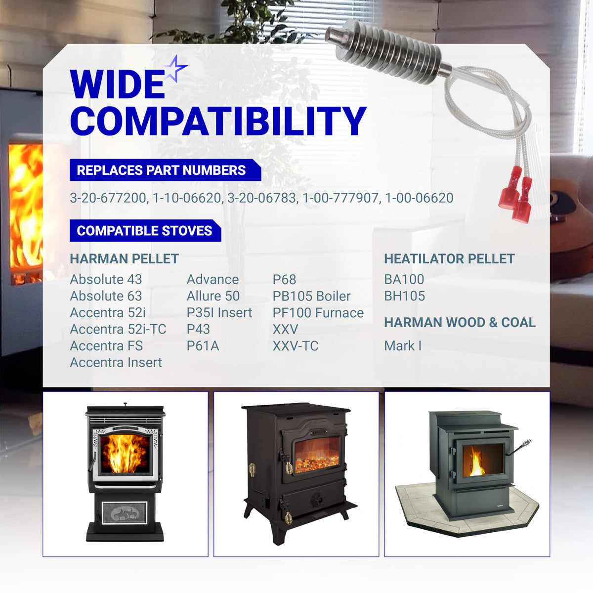 16-fin Incoloy 800 stainless steel igniter for Harman and Heatilator pellet stoves with compatibility chart.