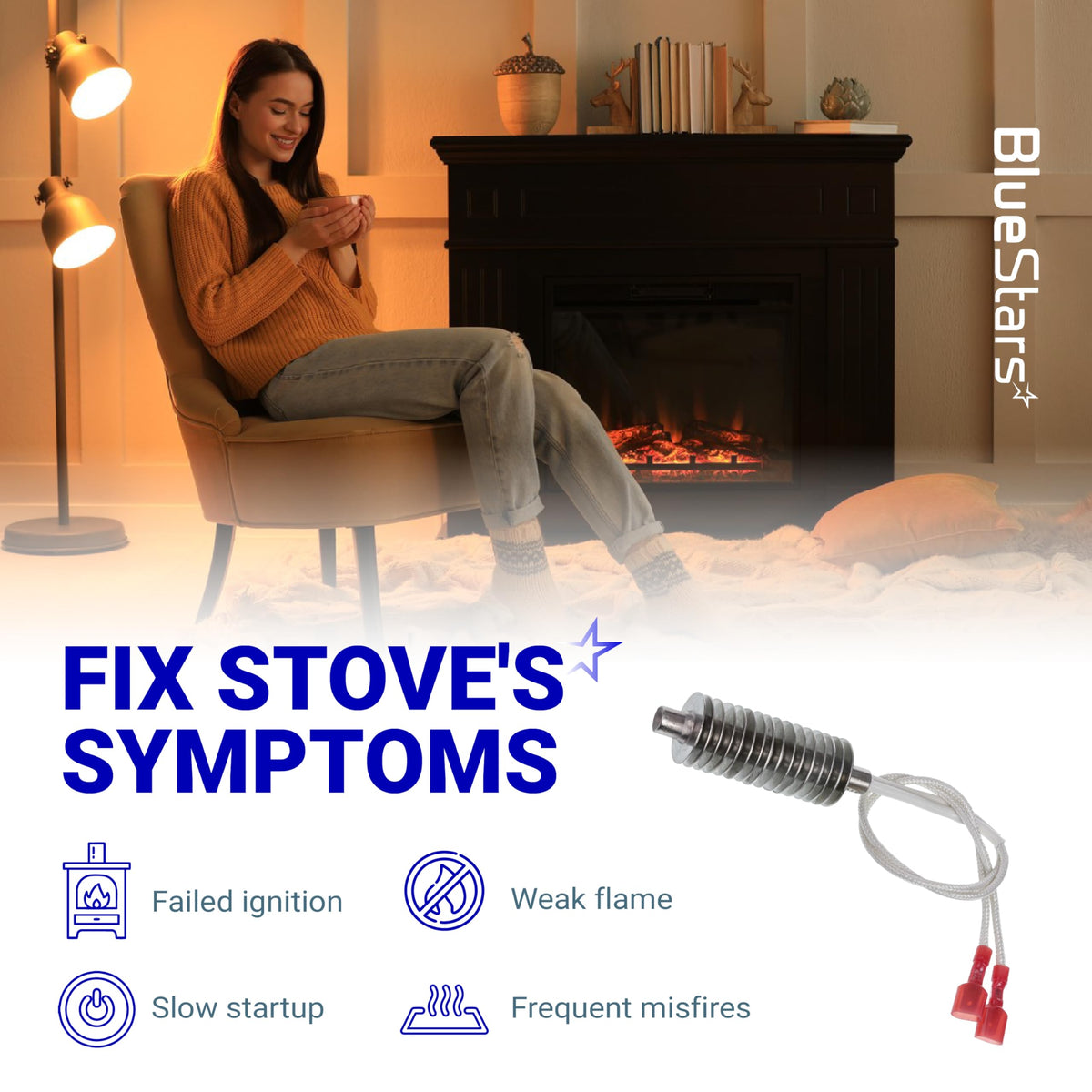Replacement igniter 3-20-677200 with 16 fins for stove repair, shown with wiring and connectors.