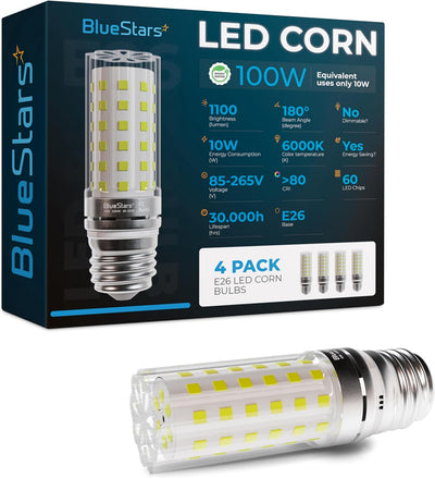 Single 10W LED corn light bulb with E26 base in front of 4-pack product packaging box.