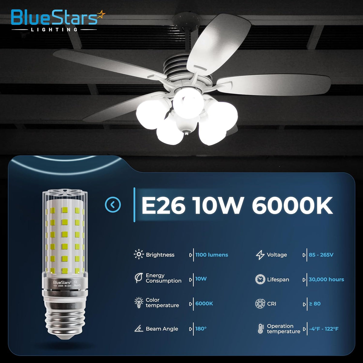 BlueStars 10W LED light bulb with E26 base and technical specifications chart for ceiling fan lighting.
