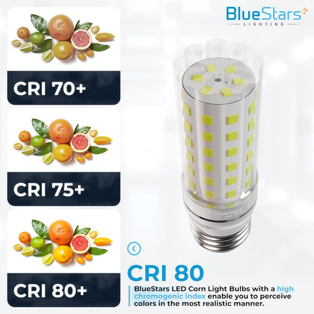 BlueStars 10W LED corn light bulb showing CRI 80 color rendering comparison chart with citrus fruits.