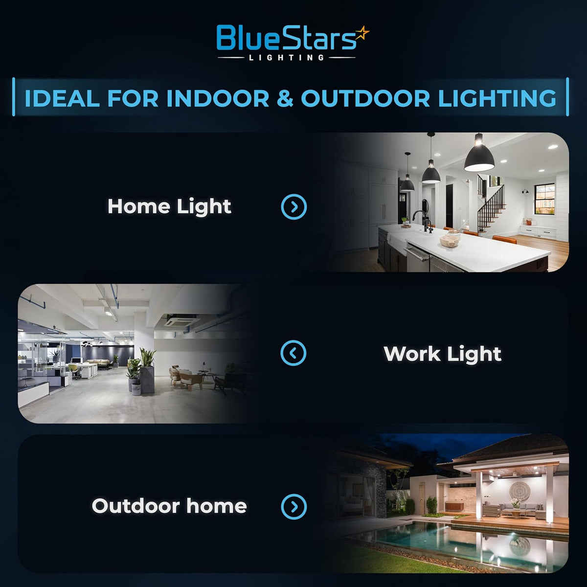 BlueStars LED light bulbs infographic showing indoor and outdoor lighting applications for home and office use.