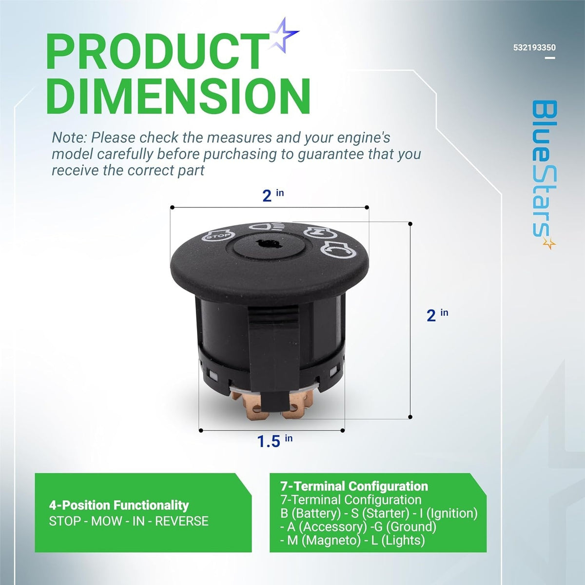 Dimension diagram of 532193350 4-position 7-terminal ignition switch for lawn mower tractors.
