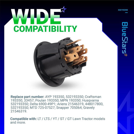 Rear view of 532193350 4-position ignition switch showing 7 metal terminals for lawn mower tractors.