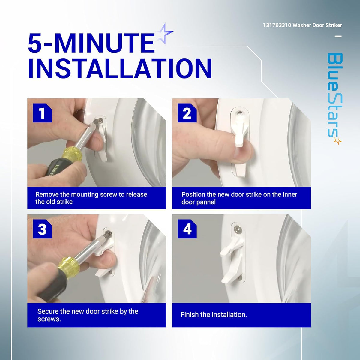 Four-step installation guide for 131763310 washer door striker replacement on Frigidaire and Kenmore washers.