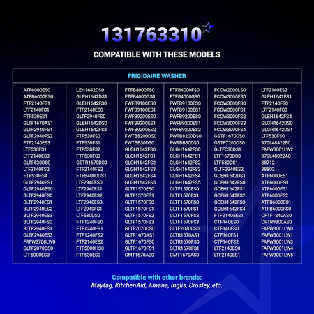 Compatibility chart for 131763310 washer door striker listing compatible Frigidaire and Kenmore washer models.