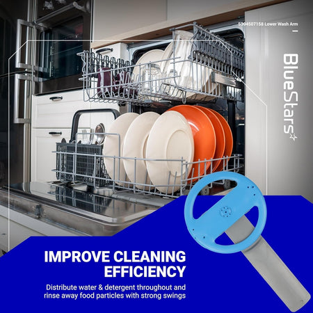 5304507158 dishwasher lower wash arm assembly shown in a promotional graphic with a loaded dishwasher background.