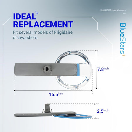 Dimensional diagram of 5304507158 dishwasher lower wash arm assembly for Frigidaire, showing top and side view measurements.