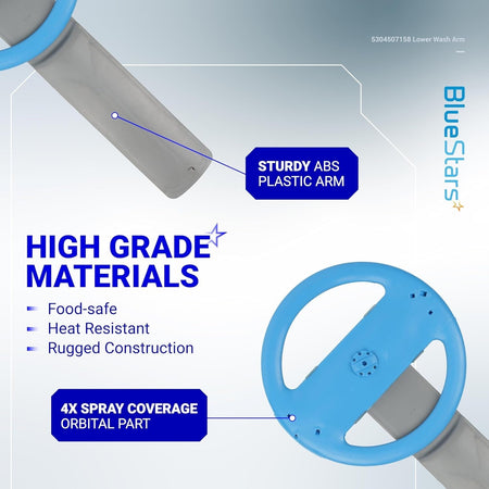 Infographic showing 5304507158 dishwasher lower wash arm assembly features, including ABS plastic and orbital spray design.