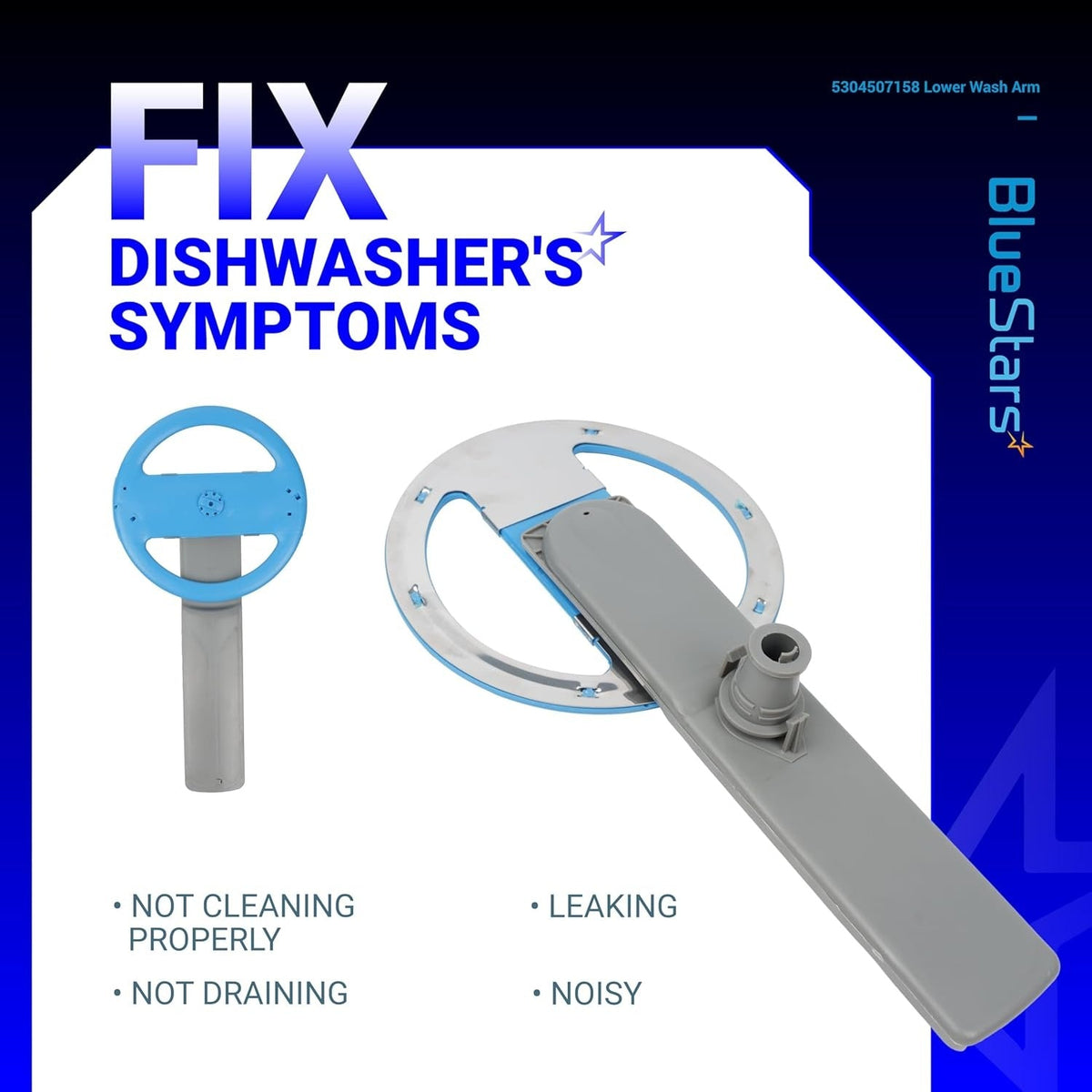 5304507158 dishwasher lower wash arm assembly showing two angles to help troubleshoot common dishwasher symptoms.