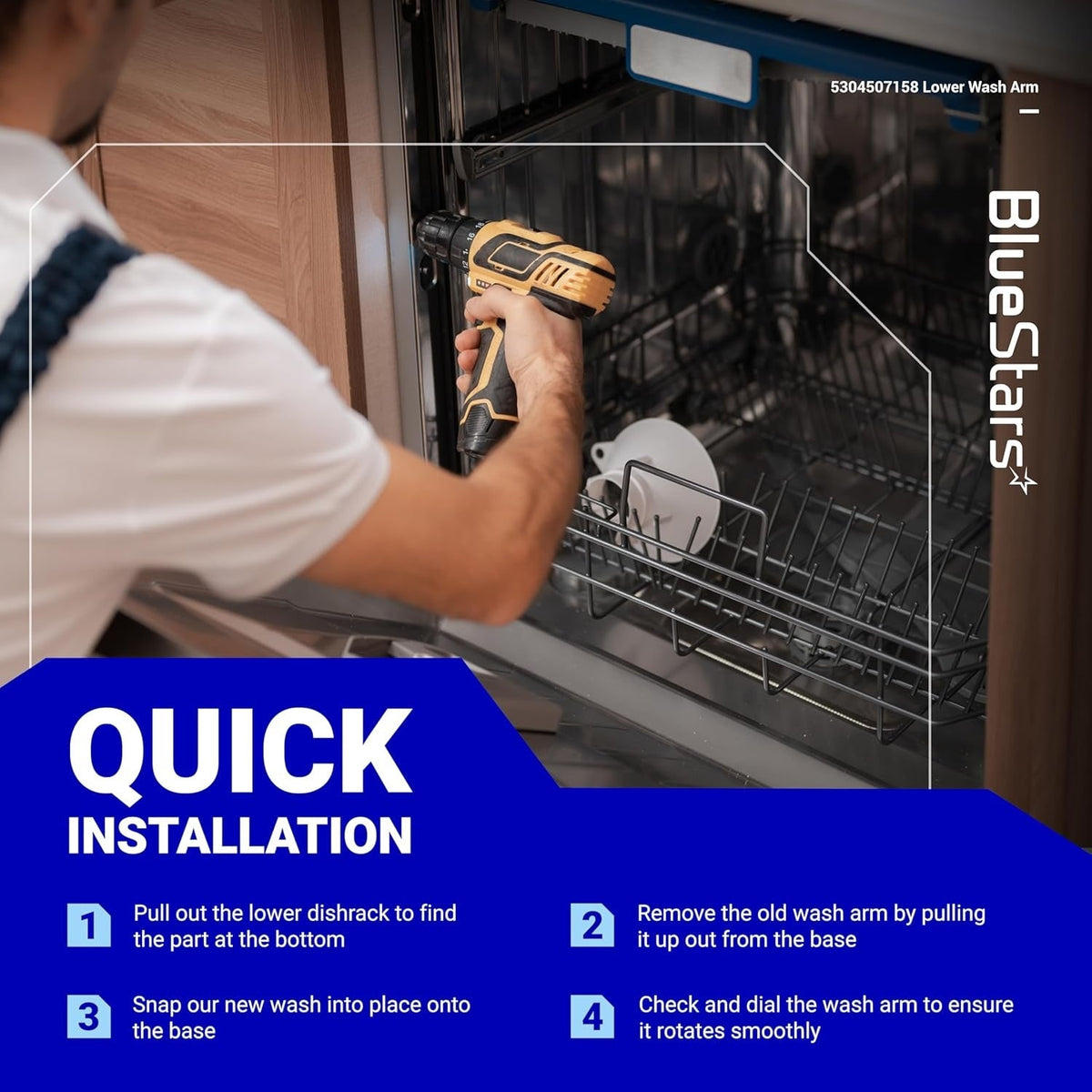 Installation guide for 5304507158 dishwasher lower wash arm assembly showing steps to replace the part.