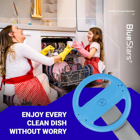 BlueStars 5304507158 dishwasher lower wash arm assembly shown in a promotional lifestyle graphic.