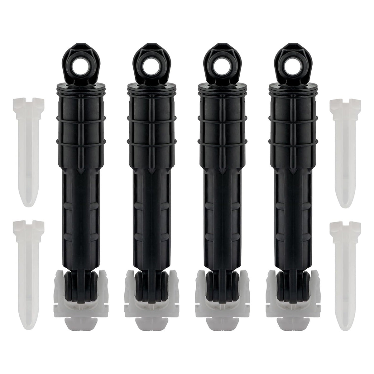 Set of 4 black washer shock absorbers with mounting pins for GE and Kenmore washing machines.