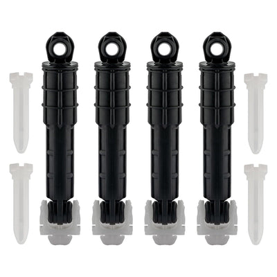 Set of 4 black washer shock absorbers with mounting pins for GE and Kenmore washing machines.