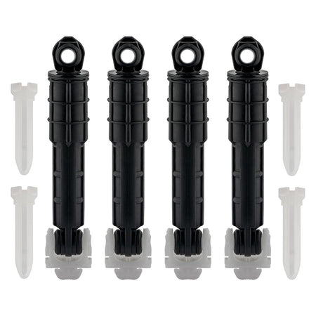 Set of 4 black washer shock absorbers with mounting pins for GE and Kenmore washing machines.