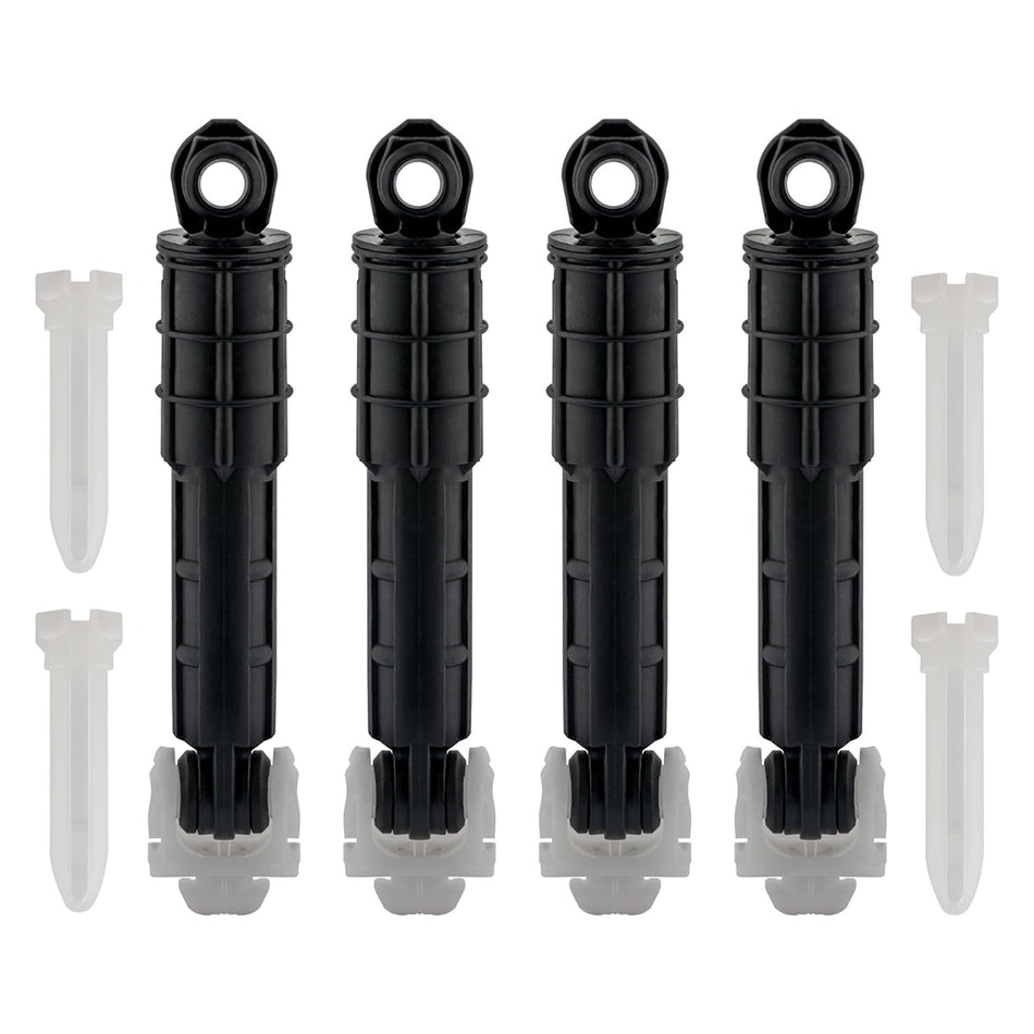 Set of 4 black washer shock absorbers with mounting pins for GE and Kenmore washing machines.