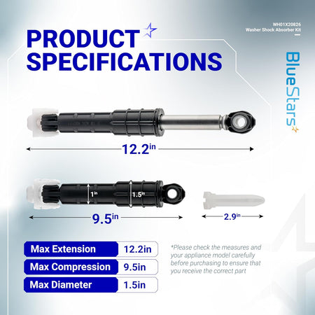 WH01X20826 washer shock absorber specification diagram showing dimensions for extension, compression, and diameter.